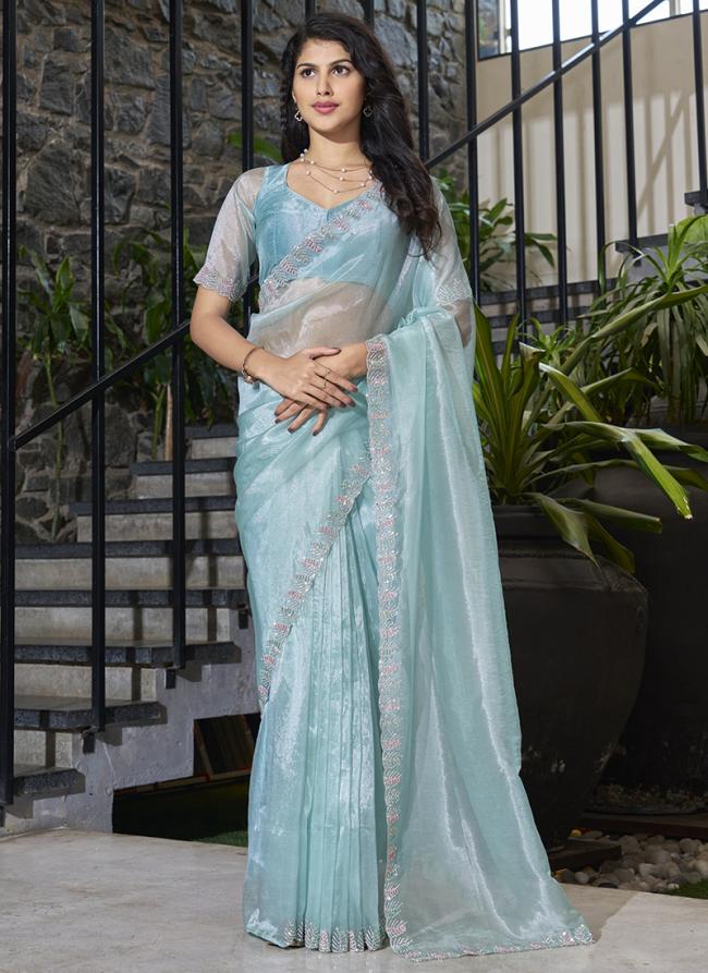 Soft Organza Sky Blue Party Wear Hand Work Saree